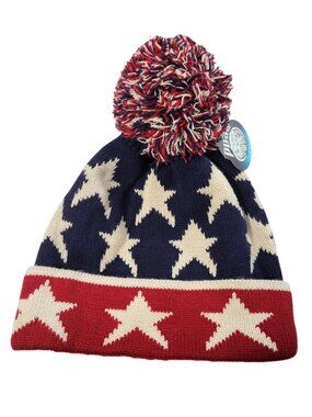PUGS NWT Navy Blue White & Red Stars Patriotic Beanie Hat - Unisex OS